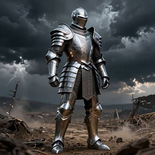 Photorealistic CGI of a knight in full shining silver armor standing in a stormy, ruined battlefield with dark clouds and lightning.