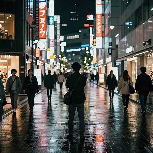 Nighttime city street photograph with wet, reflective pavement, silhouetted pedestrians, and brightly lit Japanese neon signs in the background.