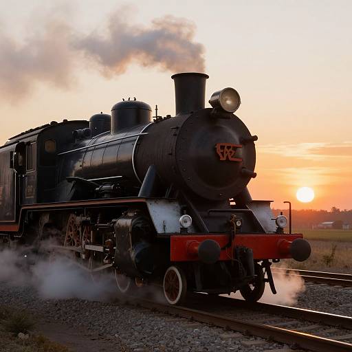 Photograph of a black steam locomotive with red accents, emitting steam, on railway tracks at sunset, with a colorful orange and pink sky in the