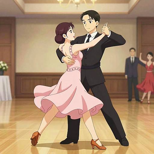 Anime-style digital drawing of a dancing couple in a ballroom; woman in pink dress, man in black suit, wooden floors, blurred background dancers.