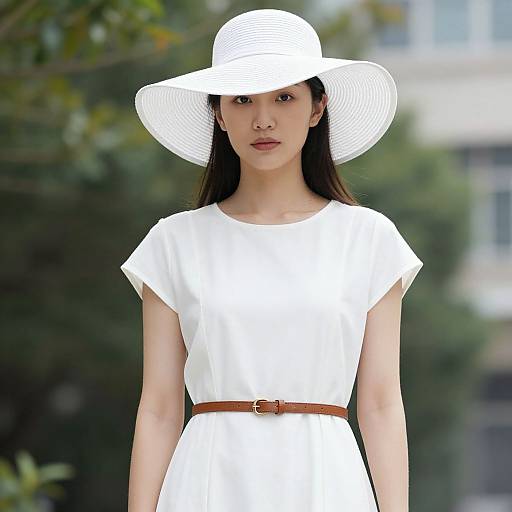 Photograph of an Asian woman in a white, short-sleeve dress with a brown belt, wearing a wide-brimmed white hat, standing