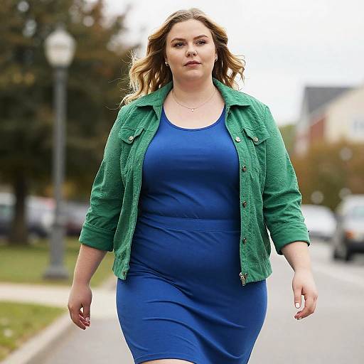 Confident plus size woman in blue dress and green jacket