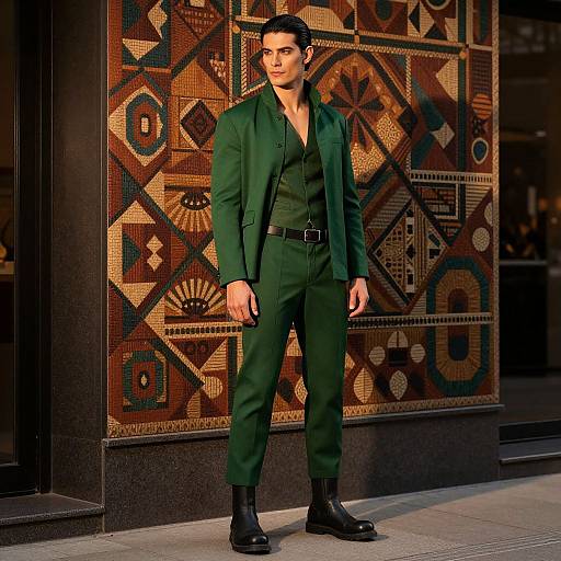 Stylish Man in Green Suit by Patterned Wall