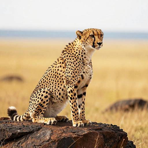 Photograph of a sitting cheetah with golden fur and black spots, on a dark rock in a sunlit savanna with blurred grassy background