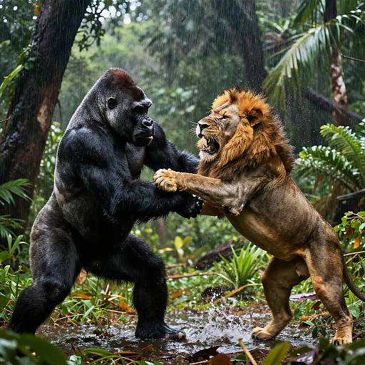 Photograph of a fierce battle between a black gorilla and a roaring male lion in a lush, rain-soaked jungle.