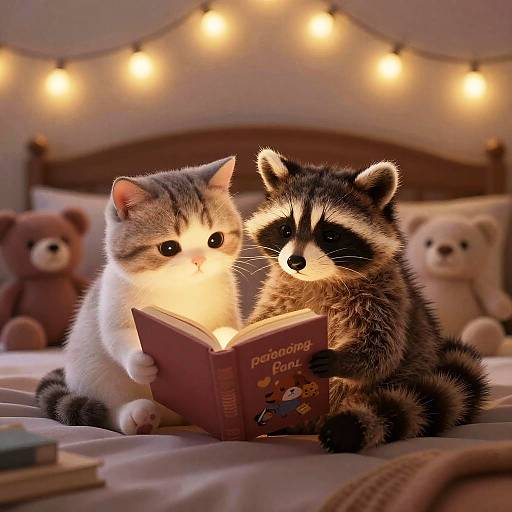 Cat and Raccoon Reading Bedtime Story