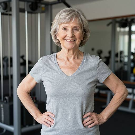 Photograph of a smiling, gray-haired, middle-aged woman in a gray V-neck workout shirt, standing confidently in a modern gym.