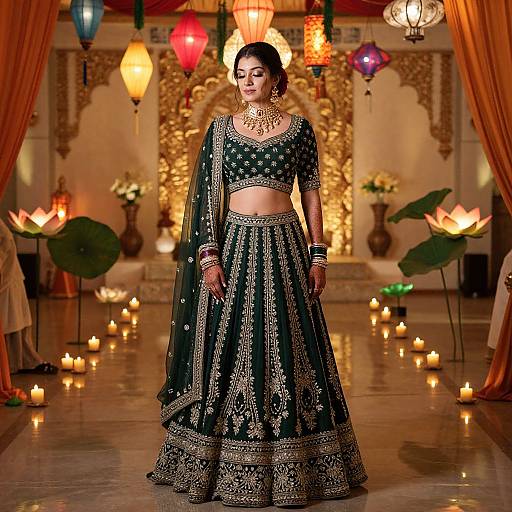 Glamorous Bride in Dark Green Lehenga