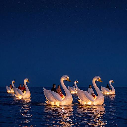 Photograph of glowing white swan-shaped floaties with people sitting on them, illuminated against a deep blue, starry night sky over calm water.