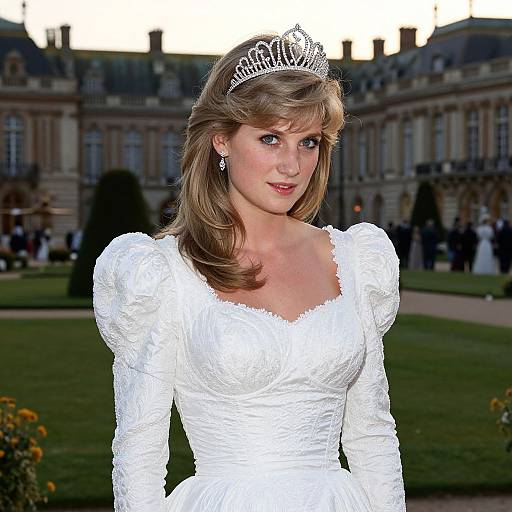 Photograph of a blonde woman in a white, puffed-sleeve wedding dress with a silver tiara, standing in front of a grand,