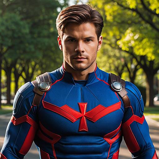 Muscular Man in Blue and Red Superhero Costume