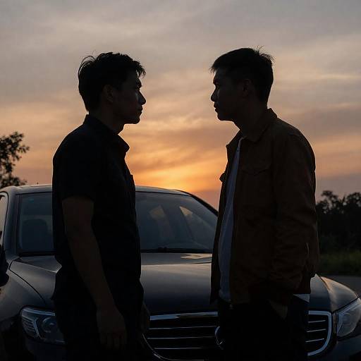 Silhouetted Men Facing Each Other at Sunset