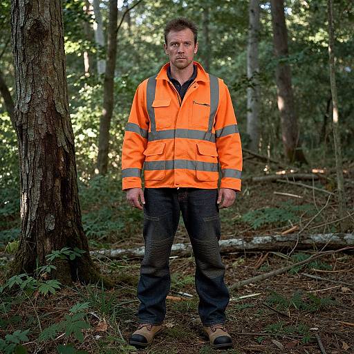 Man in High-Visibility Workwear in Forest