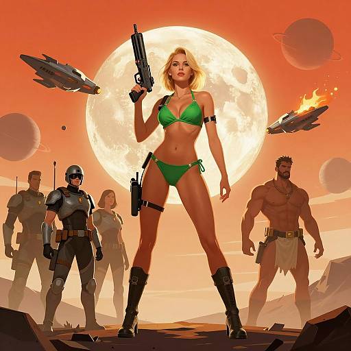 Strong Blonde Woman with Futuristic Gun in Sci-Fi Setting