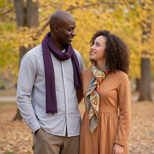 Photograph of a smiling Black man and curly-haired Latina woman in autumn, wearing scarves and long-sleeve shirts, standing close in a leaf