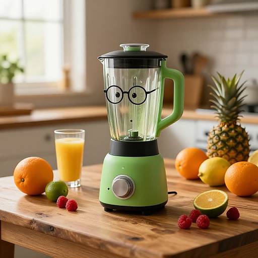 Anthropomorphic Green Blender in Cozy Kitchen