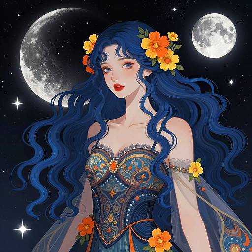 Fantasy Woman with Blue Hair and Floral Dress Under Moons