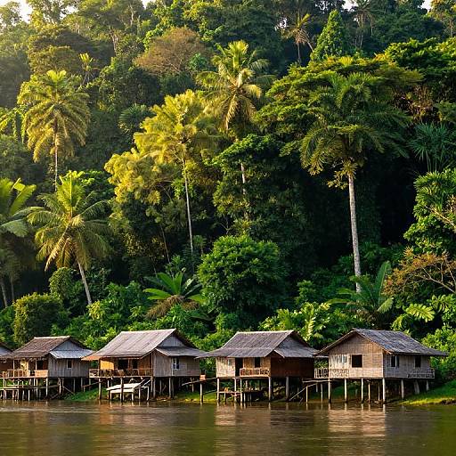 Photograph of wooden stilt houses on calm water, surrounded by lush, dense tropical forest with tall palm trees and green foliage.