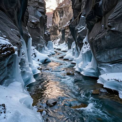 Photograph of a narrow, icy canyon with towering rock walls, snow-covered ledges, and a flowing, reflective stream cutting through. Sunlight filters