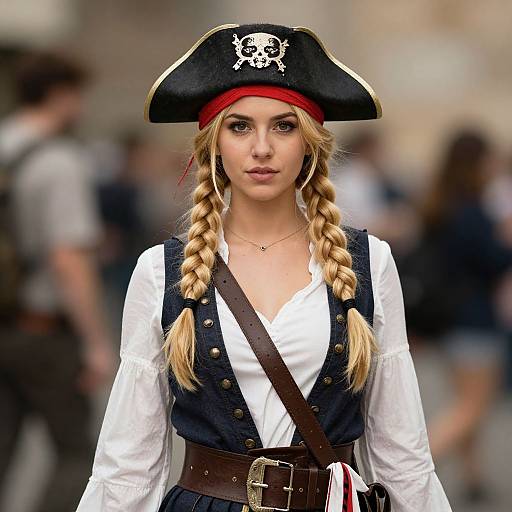 Photograph of a blonde woman with braided hair, wearing a black pirate hat with a white skull, navy dress, white blouse, brown belt,