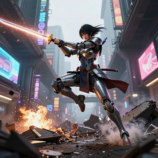 Vaulting Neon Android Samurai in Ruins