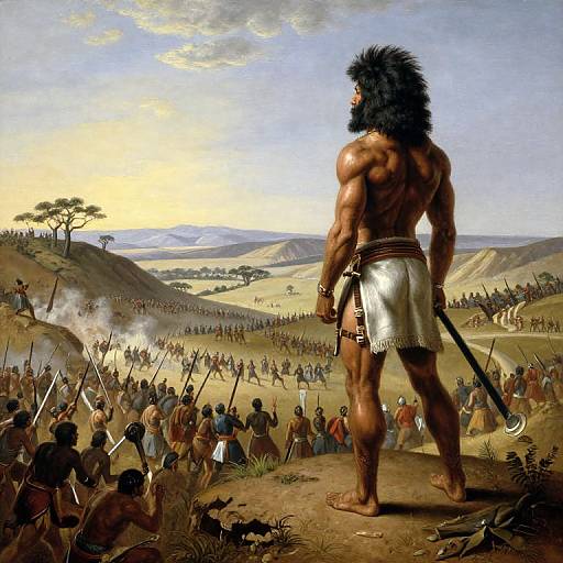 Painting of a muscular, black-maned warrior with a silver loincloth, standing with a spear, overseeing a massive battle on a sunny,