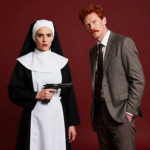 Nun Holding Gun with Red-Haired Man in Suit