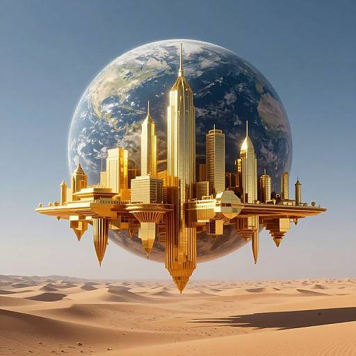 Photorealistic CGI of a golden futuristic city floating above a desert, with a glowing Earth in the clear blue sky.