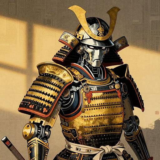 Digital artwork of a samurai in detailed, gold-embellished armor with black and red accents, holding a sword, illuminated by sunlight.