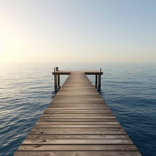 Photograph of a wooden pier extending into calm, blue water at sunrise or sunset, with a small platform at the end.