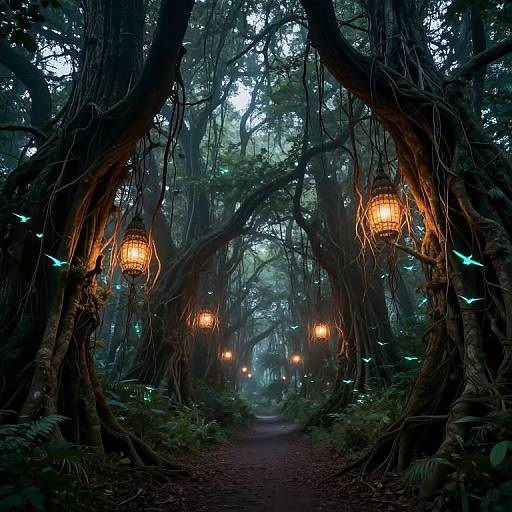 Mystical forest path illuminated by warm, glowing lanterns hanging from massive, twisted trees with ethereal blue fireflies flitting through.