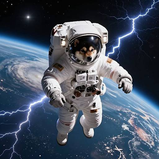 Photorealistic digital art: Dog in white astronaut suit floating in space, surrounded by lightning bolts, with Earth's blue horizon in the background.
