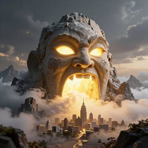 Digital artwork: Giant stone monster with glowing eyes and open mouth roaring over a cityscape, surrounded by clouds and mountains.
