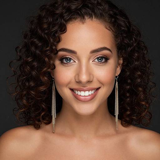 Photograph of a smiling woman with curly brown hair, blue eyes, and light brown skin, wearing dangling silver earrings, against a dark background.