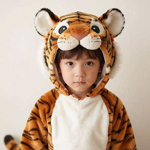 Photograph of a young boy with fair skin and brown hair, wearing a tiger-themed onesie with a fluffy hood and white chest, standing against a