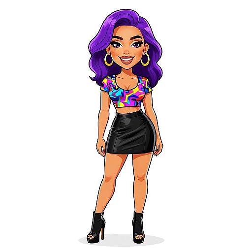 Digital illustration of a curvy woman with purple hair, wearing a colorful crop top, black skirt, high heels, and large hoop earrings, smiling confidently