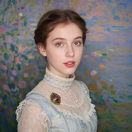 Photograph of a fair-skinned young woman with brown hair, blue eyes, and delicate features, wearing a white lace dress, set against a vibrant