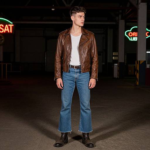 Photograph of a young man with short dark hair, wearing a brown leather jacket, white t-shirt, blue jeans, and black boots, standing in