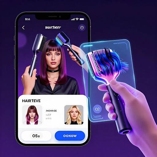 Digital illustration: A hand holding a brush in a glowing blue hologram, next to a smartphone screen showing a brunette woman's profile for hairstyling.