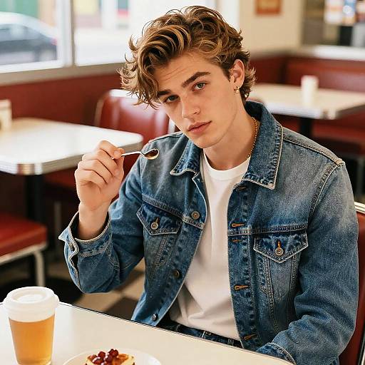 Male Fashion Influencer in Denim Jacket at Retro Diner