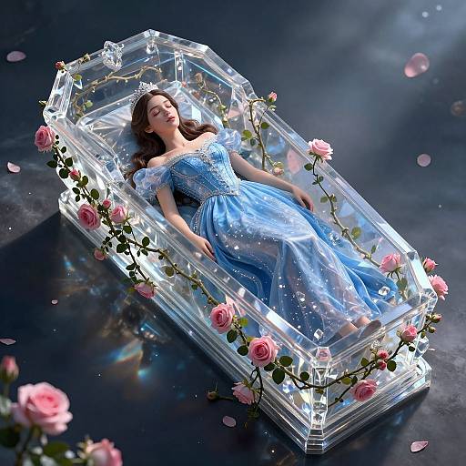 Photorealistic digital artwork of a sleeping princess in a blue, sparkling gown, encased in a crystal coffin adorned with pink roses, on a dark