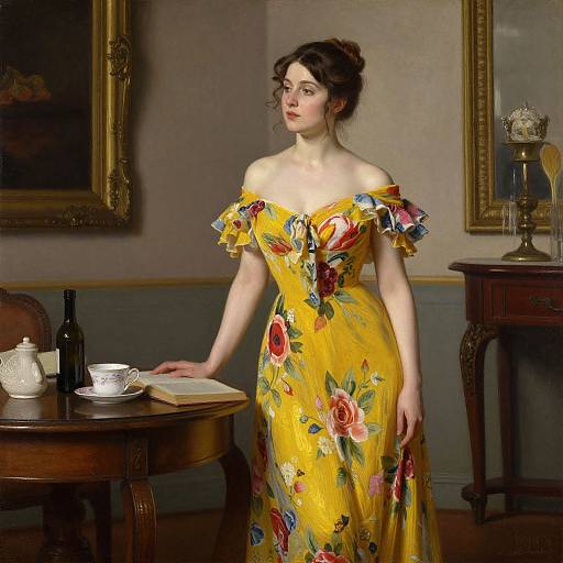 Photograph-style digital painting of a pale-skinned woman with dark hair in an off-shoulder, yellow floral dress, standing in a Victorian-style