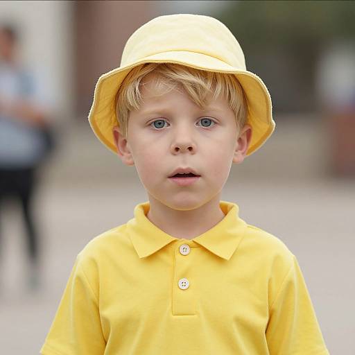Photograph of a young boy with light blonde hair, blue eyes, wearing a yellow bucket hat and matching yellow polo shirt, standing outdoors with a blurred