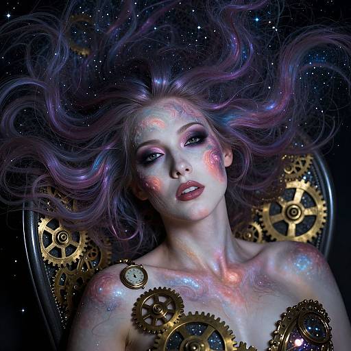 Digital artwork: Ethereal woman with glowing, iridescent skin and vibrant, flowing purple hair, surrounded by golden gears against a starry background.