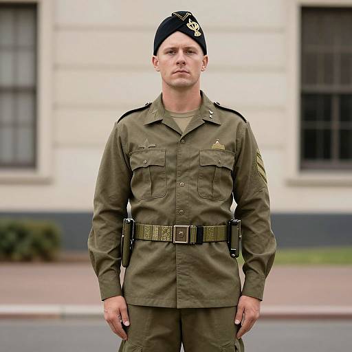 Photograph of a serious, white male police officer in olive green uniform, black beret, and utility belt, standing in front of a blurred building