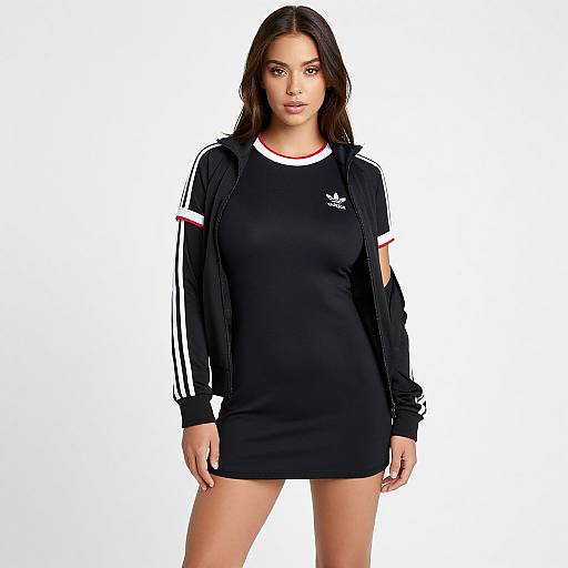 Photograph of a young woman with long dark hair, wearing a black Adidas tracksuit with white and red accents, standing against a plain white background.