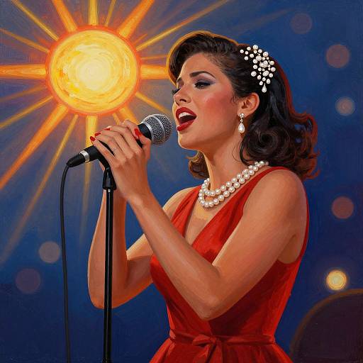 Photograph of a glamorous woman with dark hair in vintage style, wearing a red dress, pearl necklace, and headpiece, singing into a microphone against