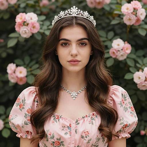 Photograph of a young woman with long, wavy brown hair, wearing a pink floral dress, silver tiara, and necklace, standing in front