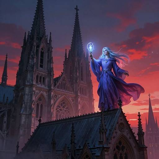 Digital artwork: A glowing, white-haired sorceress in a flowing blue robe stands on a gothic cathedral rooftop, holding a magical orb, against