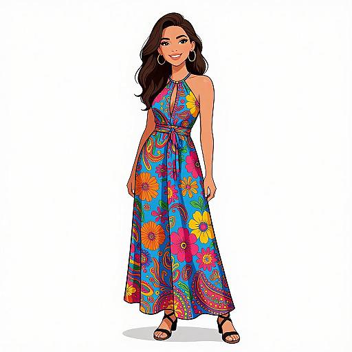 Digital illustration of a smiling woman with long dark hair, wearing a vibrant, floral-patterned, halter-neck maxi dress, standing against a white background